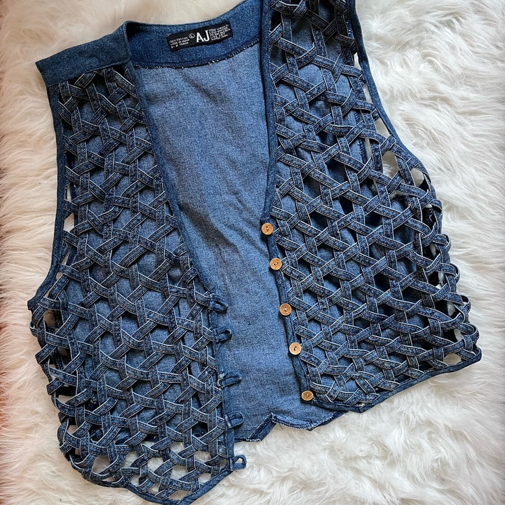 90s Vintage Woven Denim Geometric Pattern Vest